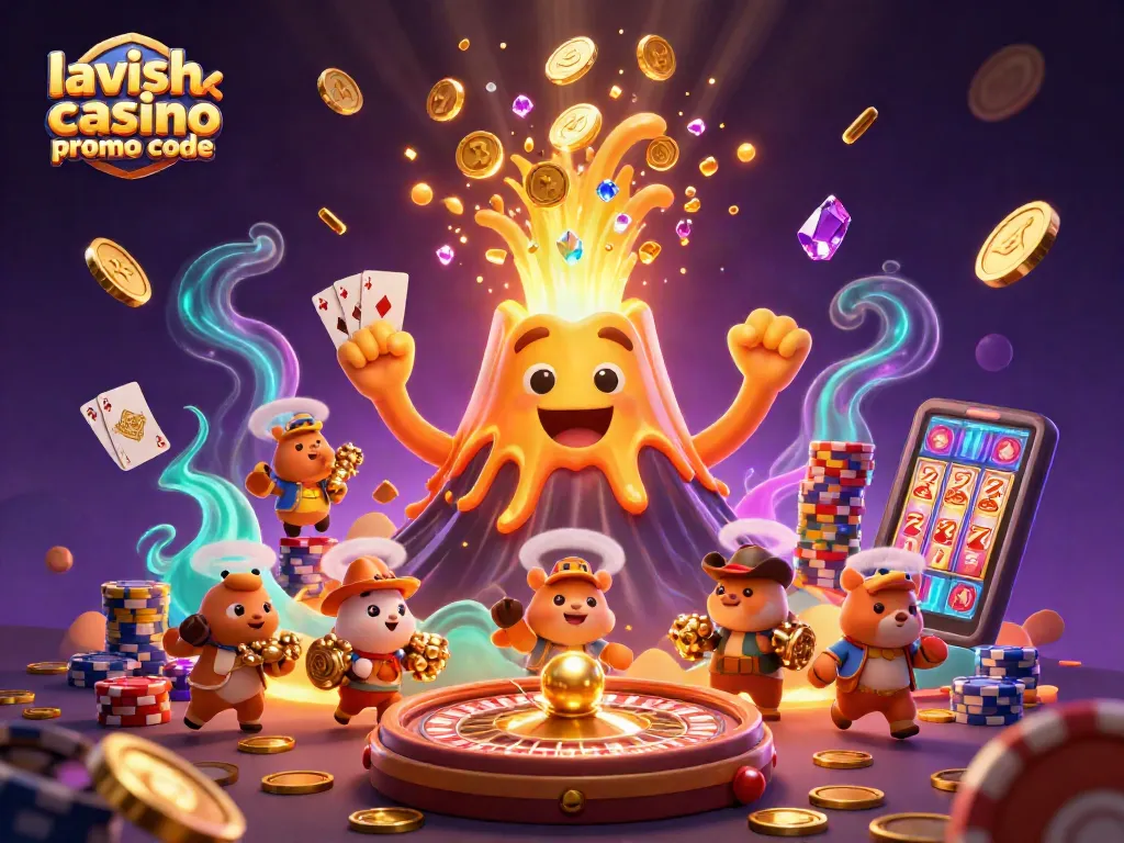 Engage with lavish luck casino promo code for a golden volcano erupting coins and gems.
