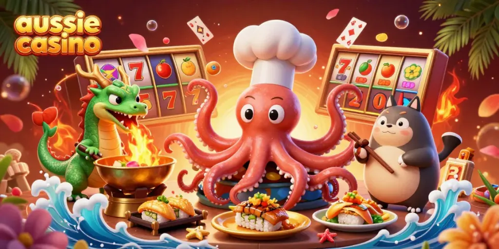 Aussie casino vibrant scene with an octopus chef, dragon, and tanuki playing slots.
