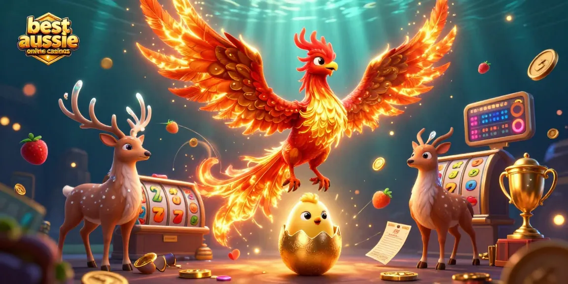 Engage with the best Aussie online casinos featuring vibrant gaming elements, phoenix characters, and rich detail.