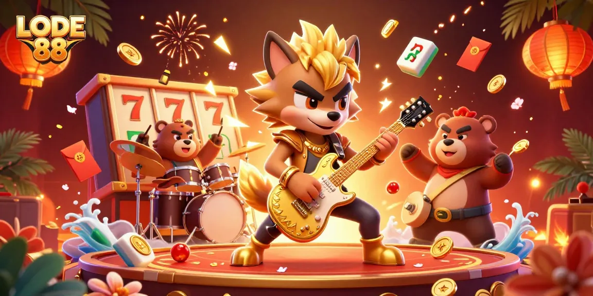 Engage with LODE 88's thrilling casino atmosphere, featuring a wolf guitar player and spinning slot reels.