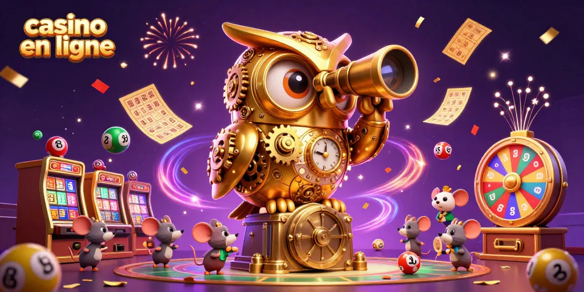 Visitez le casino en ligne avec notre hibou doré et des festivités de jeu colorées autour!