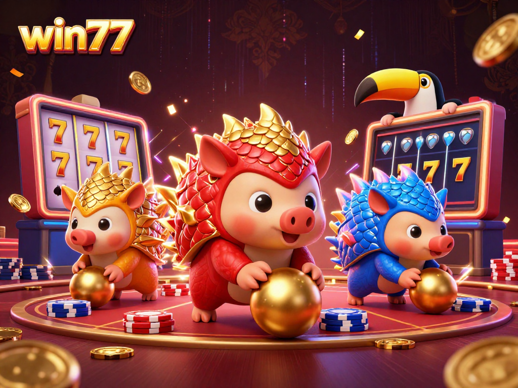 Menangkan kontes di win77 dengan pangolin bersaing melempar bola emas di atas tumpukan chip poker.