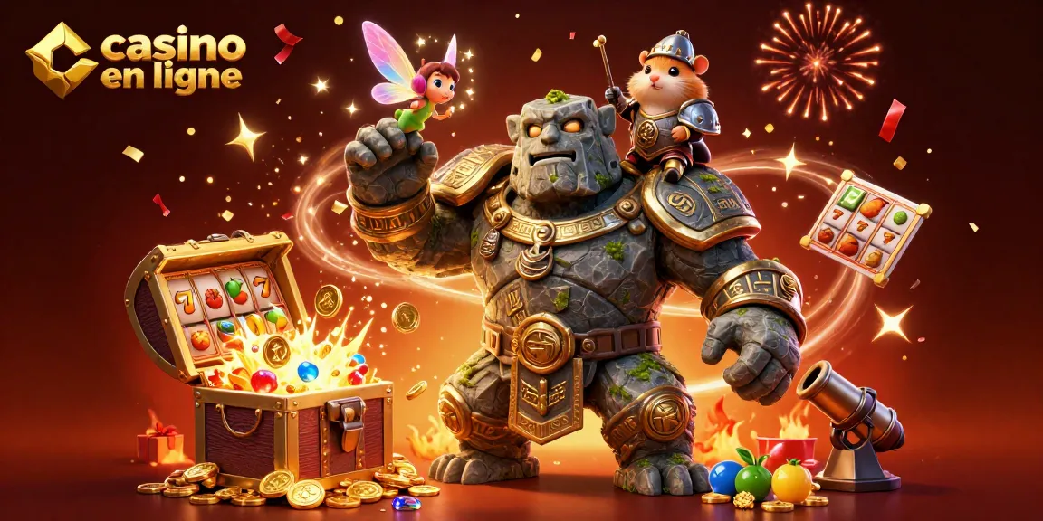 Illustration d'un golem ancien animé et d'un hamster chevalier avec des symboles de casino en ligne.