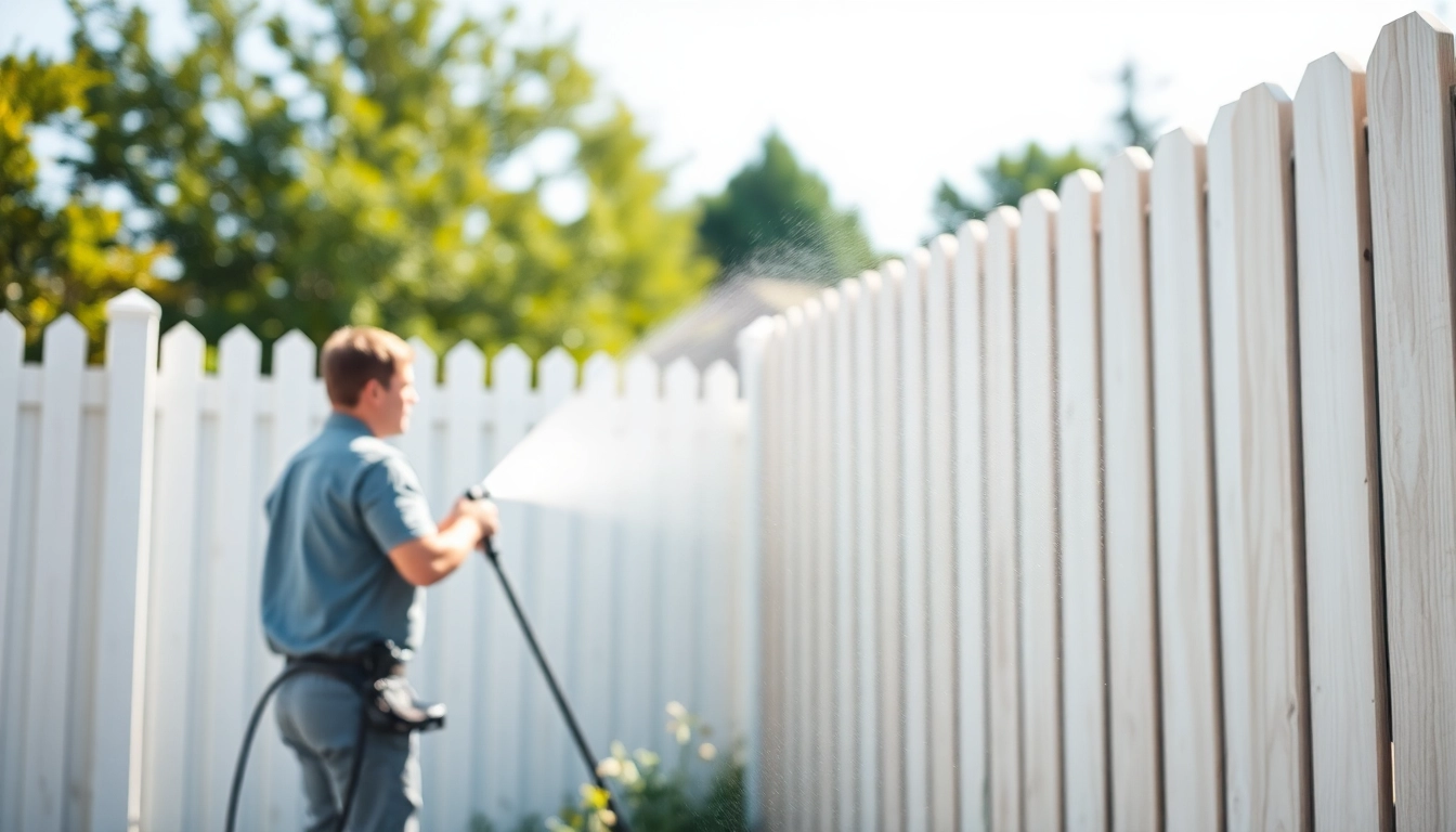 Fence cleaning professional revitalizing a wooden fence in a sunny backyard.