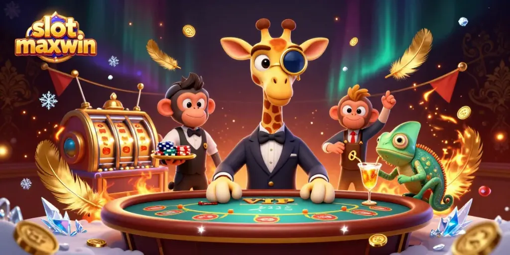 Experience the excitement of slot maxwin as top characters gather around vibrant slot reels and golden tokens.