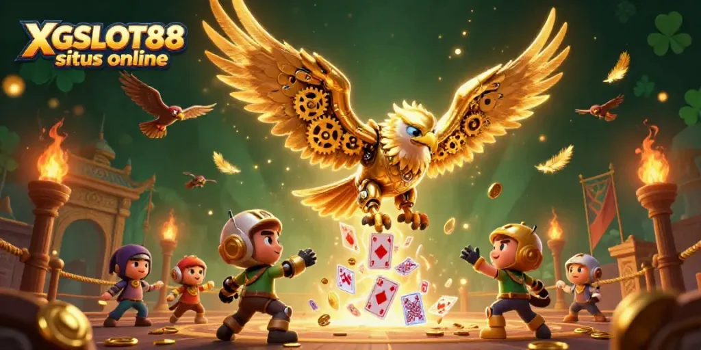 Ilustrasi 3D XGSLOT88 situs online menampilkan elang cybernetic terbang di atas kartu bermain.