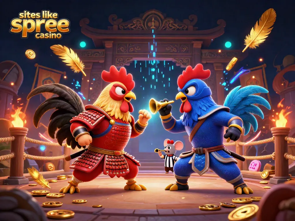 Battle between roosters in samurai and ninja attire representing sites like spree casino.