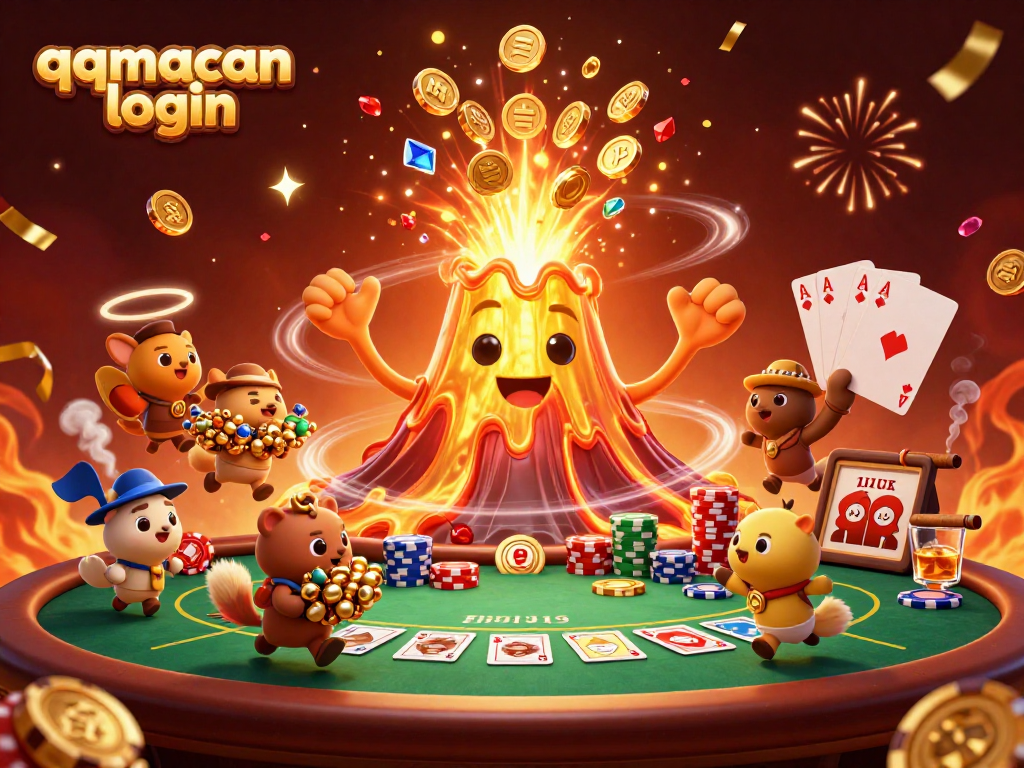 Engage with the qqmacan login experience featuring a vibrant 3D casino scene filled with treasure.