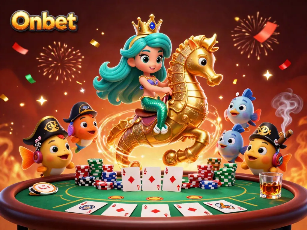 Experience the thrill of Onbet with a vibrant casino scene featuring a mermaid princess and poker elements.