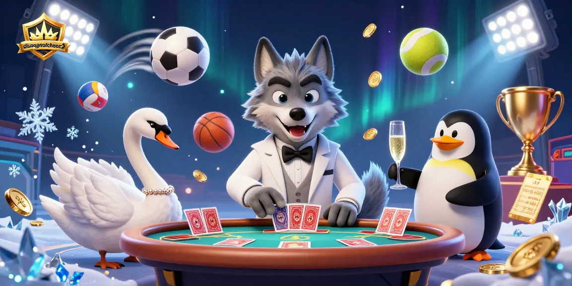 Experience duongmatchuoc2 gameplay with a debonair wolf, elegant swan, and penguin sommelier in a festive casino scene.