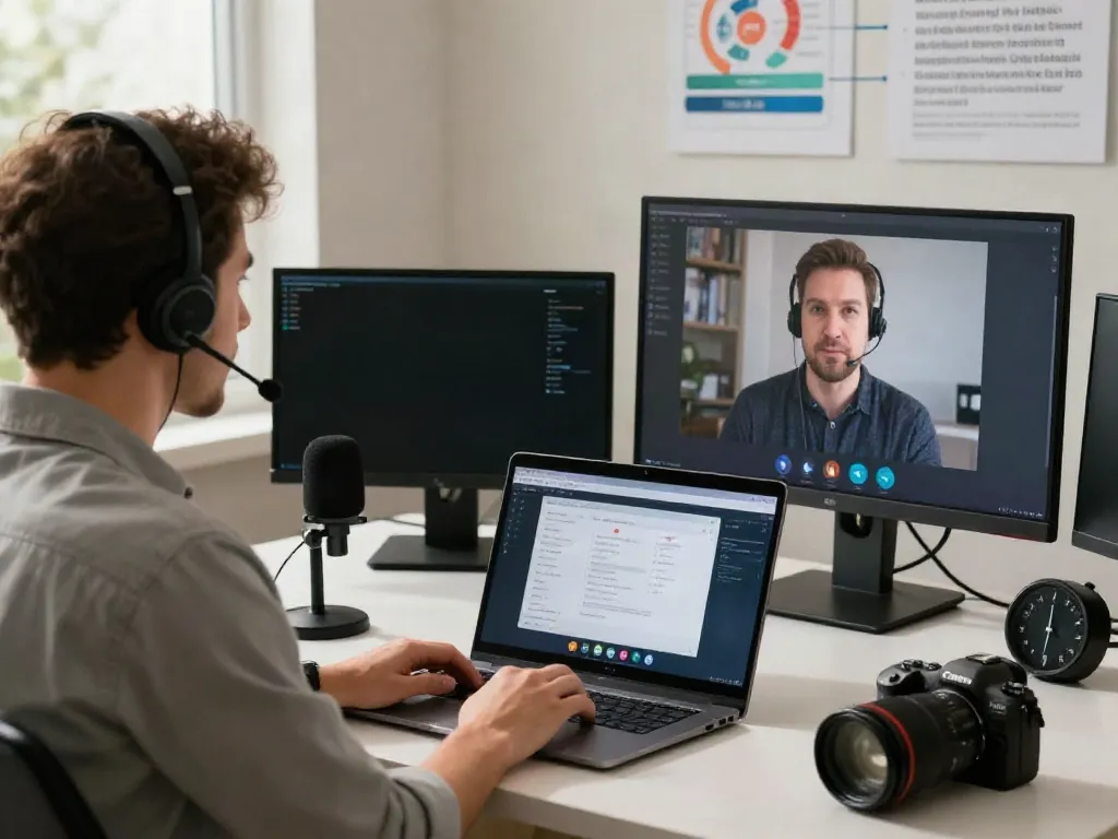 Deepfake protected online video calls showcasing a secure communication setup with cybersecurity elements in a modern workspace.