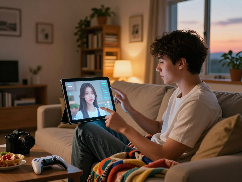 AI girlfriend interacting with a user in a cozy digital environment, showcasing modern technology in a warm home setting.
