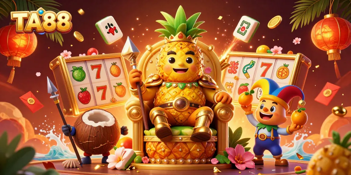 Spin the reels with TA88's vibrant 3D casino scene featuring the golden pineapple king and dynamic slot elements.