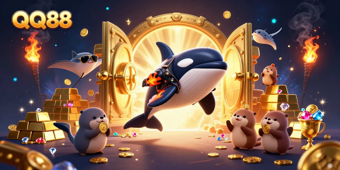 Experience QQ88 excitement with a dynamic 3D illustration featuring an orca, stingray, and sea otters.
