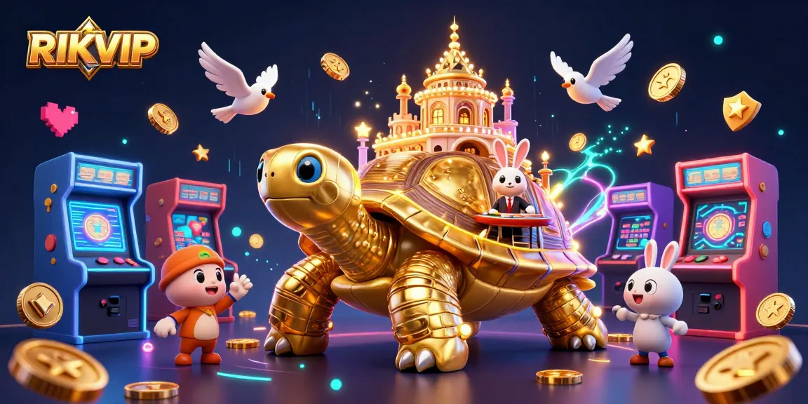 RIKVIP casino experience featuring a golden tortoise with a dealer and flying gold coins.