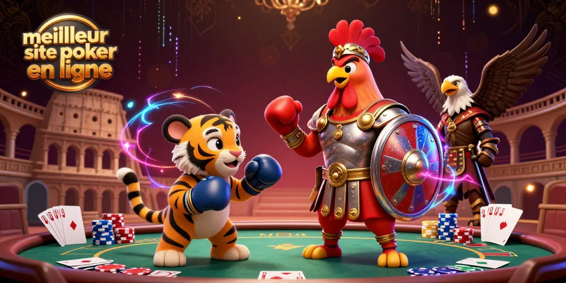 Le meilleur site de poker en ligne, un poulet gladiateur avec des éléments de poker animés.