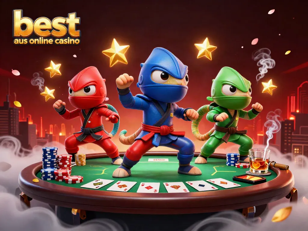 The best AUS online casino illustration, showing ninja chameleons with poker elements in a vibrant 3D scene.