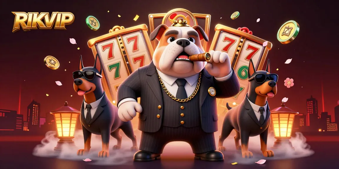 Experience the thrill of gaming at RIKVIP with mafia-themed elements, showcasing slot reels and luxurious casino vibes.