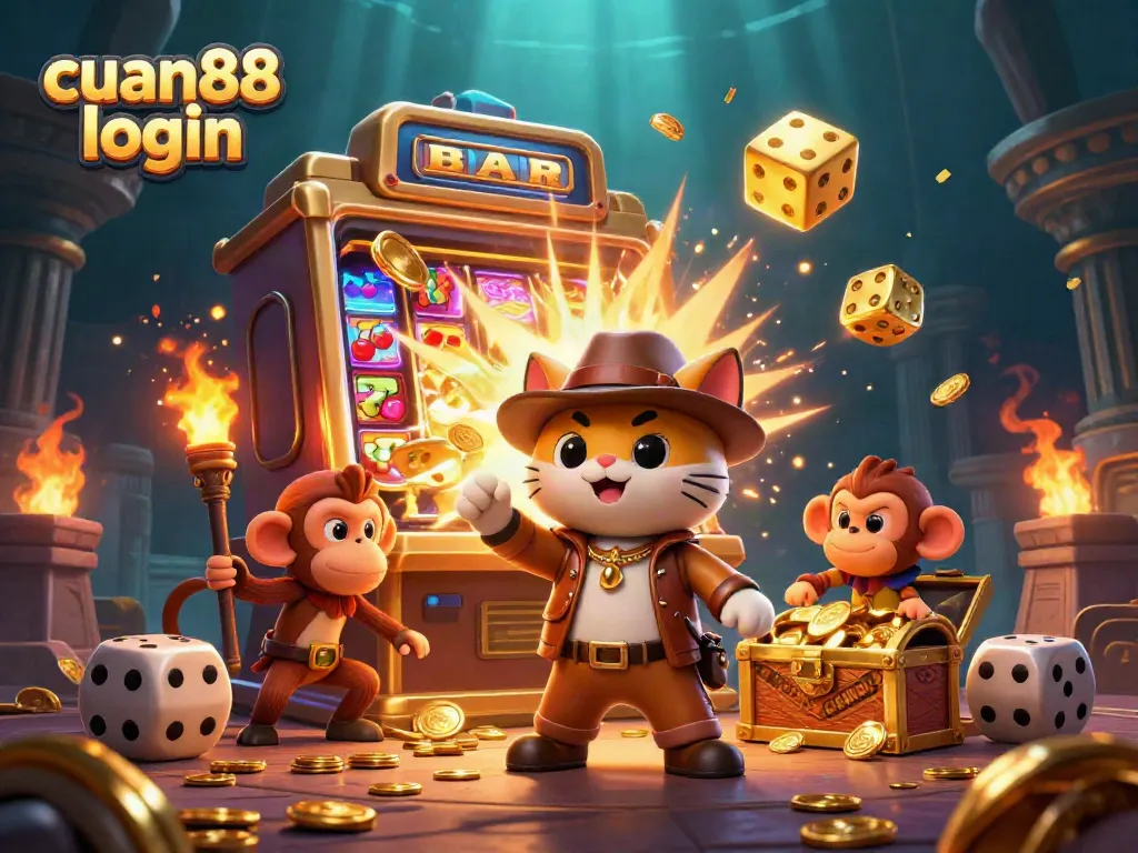 Engage with cuan88 login and explore a vibrant casino treasure scene featuring 3D characters and slot machines.