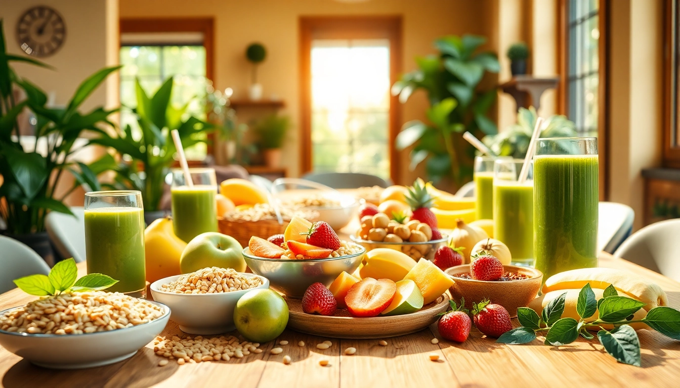 Healthy Life breakfast table with fresh fruits, smoothies, and grains, creating a vibrant, energizing scene.