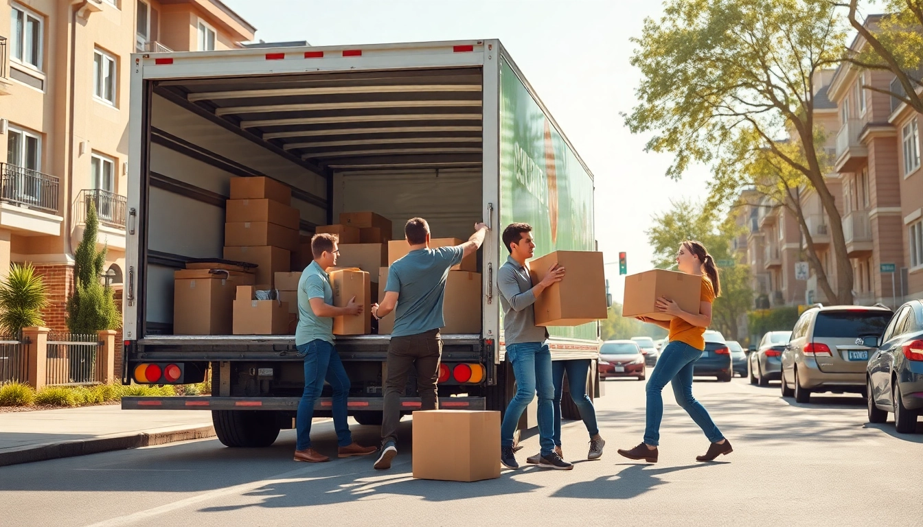 Moving company team efficiently loading boxes into a truck in a bustling urban environment.