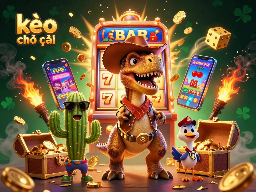 Engaging kèo nhà cái scene with a T-Rex cowboy, cactus, and roadrunner amidst casino riches and vibrant visuals.