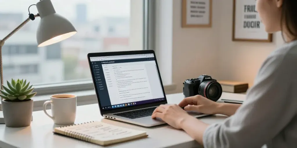 AI content writing service workspace with modern tools and ambient lighting.