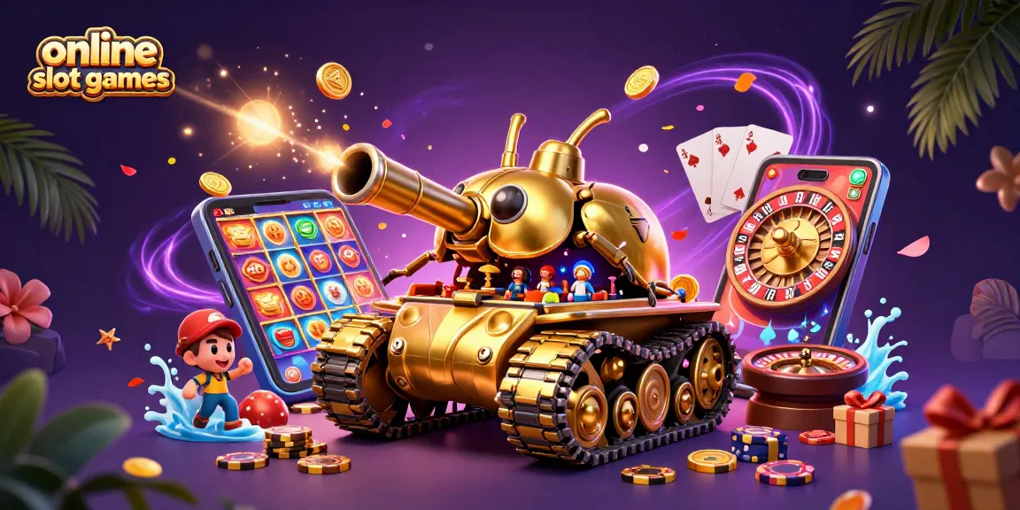 Experience thrilling online slot games with golden beetle tank, confetti, and vibrant visuals.