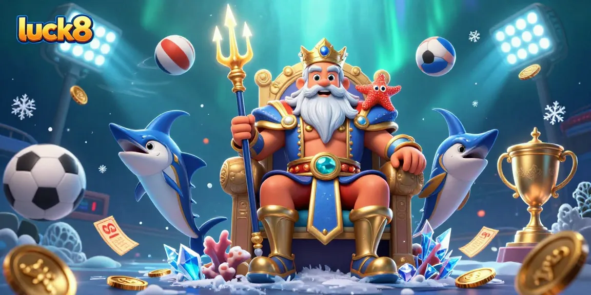 Experience excitement at luck8 with a vibrant underwater casino scene featuring Neptune and sports elements.