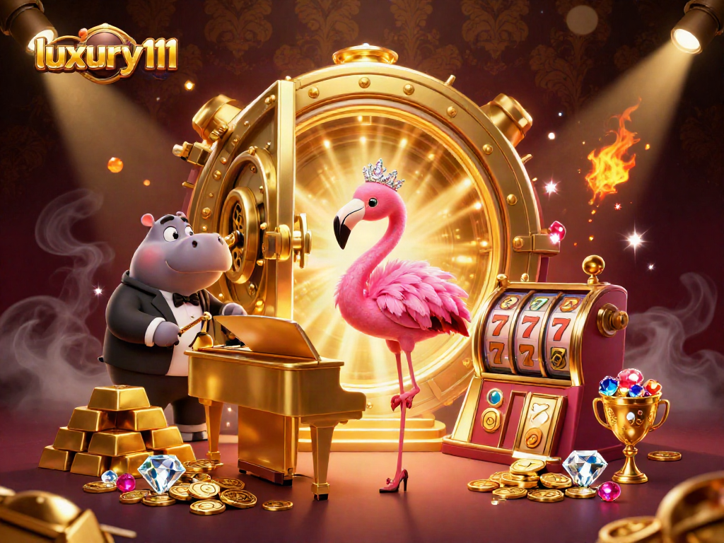Engage in excitement with luxury111 and charismatic characters in a vibrant 3D casino scene.